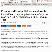 Estados Unidos encabeza la inversin en capital privado espaol, con ms de 10.170 millones en 2018, segn TTR